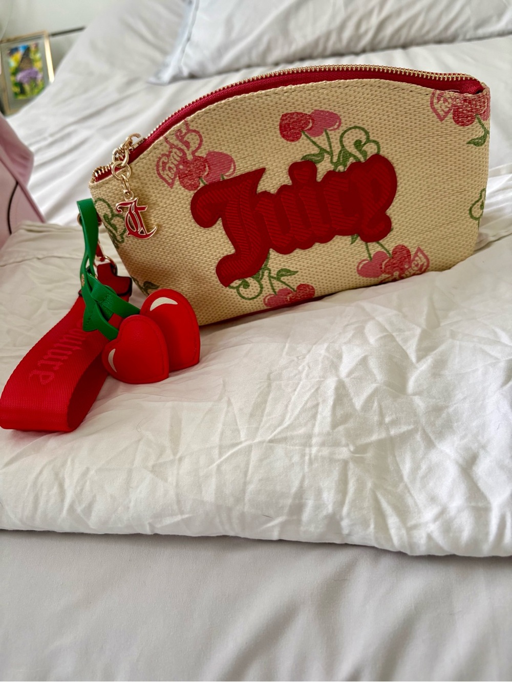 Juicy Couture Red Cherry Logo Cosmetic Pouch with Cherry Charm